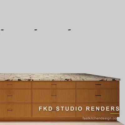 Detail of the large marble-topped island with banks of warm wood storage drawers in a 2020 Flex kitchen design.