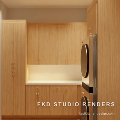 2020 Flex laundry room design with warm wood slab cabinets, white quartz counter, and a stacked washer-dryer, designed in 2020 Flex by Fast Kitchen Design.