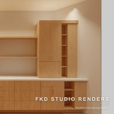 2020 Flex laundry room back wall with tall slab pantry cabinets flanking an open wood shelf niche above quartz-topped drawer banks.