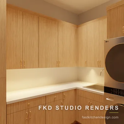 Angled view of a warm wood 2020 Flex laundry room with wrapping upper cabinets, a corner sink, and a stacked LG washer-dryer tower.