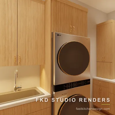 Warm wood 2020 Flex laundry room from the counter wall, with open shelving, long quartz folding counter, and a stacked LG laundry tower.