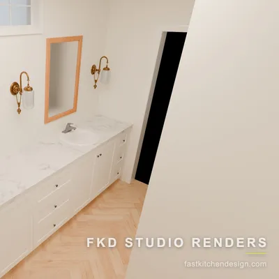 2020 Flex bath design with white shaker double vanity, marble countertop, brass sconces, and herringbone floor, designed in 2020 Flex by Fast Kitchen Design.