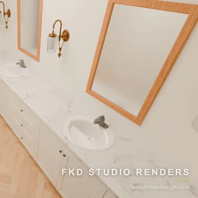 White shaker 2020 Flex bath design seen down the vanity run, with twin drop-in sinks, oak-framed mirrors, and a marble countertop.