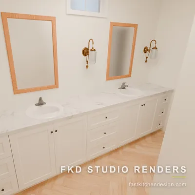Front view of a 2020 Flex bath design showing the white shaker double vanity, marble top, oak mirrors, and brass wall sconces.