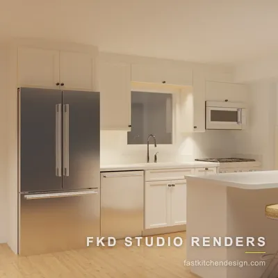 2020 Flex kitchen design with white shaker cabinets, a quartz peninsula, woven barstools, and stainless steel appliances, designed in 2020 Flex by Fast Kitchen Design.