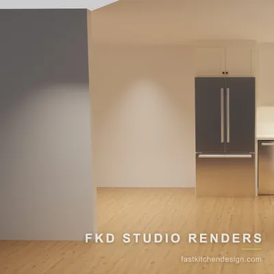Open-concept 2020 Flex kitchen design seen across the oak floor, showing the white quartz seating peninsula and stainless French-door refrigerator, designed in 2020 Flex.