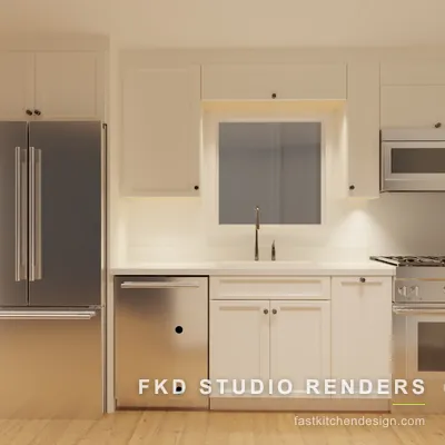 Straight-on 2020 Flex kitchen view of the sink wall, with white shaker cabinets, a window over the sink, stainless dishwasher, and gas range.