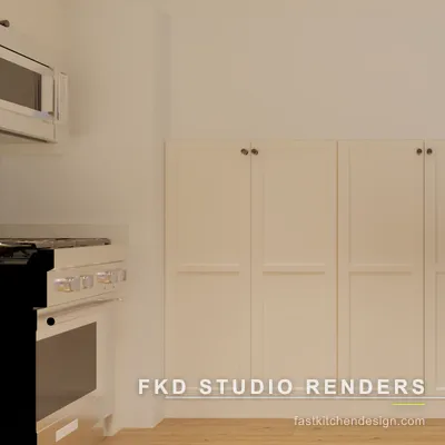 Close-up of cream raised-panel shaker pantry cabinets with knobs beside the gas range in a 2020 Flex kitchen design by Fast Kitchen Design.