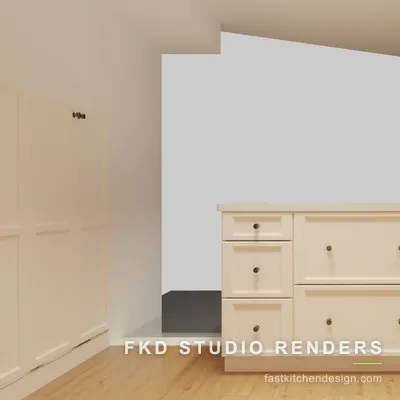 Detail of the cream shaker peninsula base with stacked drawers and knob hardware in a 2020 Flex kitchen design by Fast Kitchen Design.