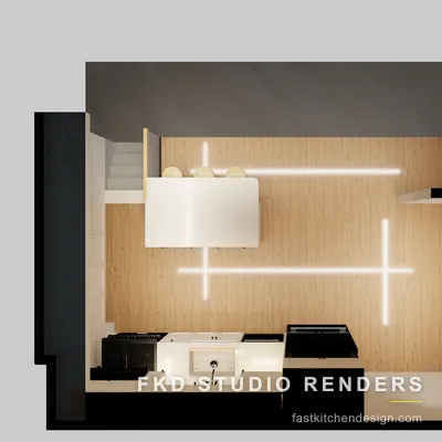 2020 Flex kitchen floor plan showing the L-shape layout with seating peninsula, sink, range, window wall, and oak flooring.