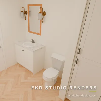 2020 Flex powder bath design with a white shaker marble-top vanity, brass sconces, and herringbone wood floor, designed in 2020 Flex by Fast Kitchen Design.