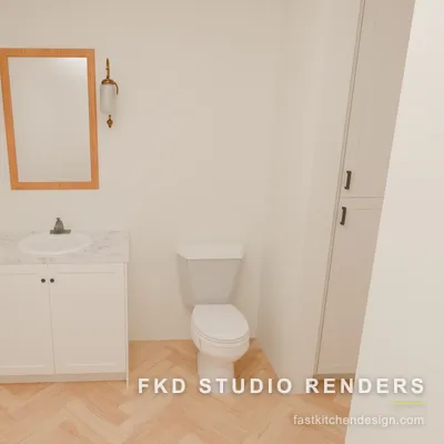 White shaker 2020 Flex powder bath seen from the vanity wall, with a wood-framed mirror, marble counter, and tall white linen cabinet.