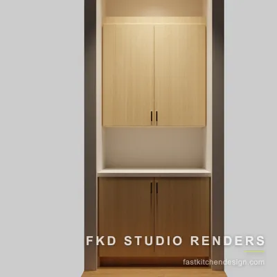 2020 Flex media niche design with light-oak upper cabinets, a medium-oak base, black bar pulls, and a white stone shelf, designed in 2020 Flex by Fast Kitchen Design.