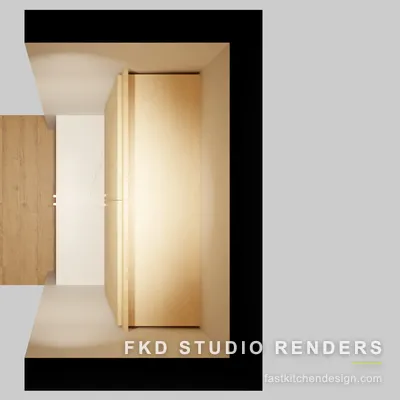 2020 Flex media floor plan showing the recessed niche layout with two-tone oak cabinets, a white stone shelf, and wood plank flooring.