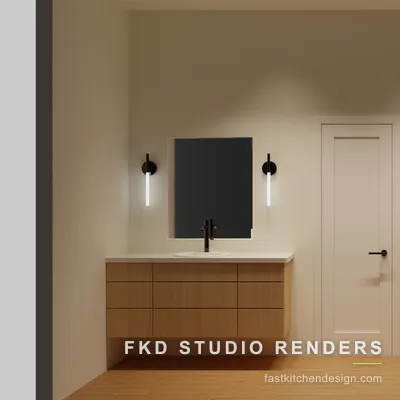 2020 Flex master bath design with twin floating oak slab vanities and quartz tops, designed in 2020 Flex by Fast Kitchen Design.