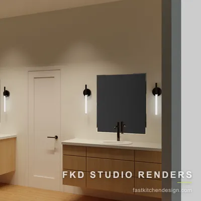 Angled view of a 2020 Flex master bath, with floating natural oak vanities, black sconces, and a paneled door between dual sinks.