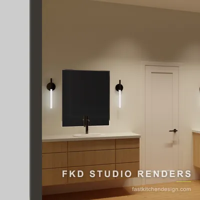 2020 Flex master bath seen from the opposite angle, showing both wall-mounted oak vanities, dark mirrors, and black single-hole faucets.