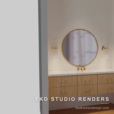 2020 Flex powder bath design with a floating light oak vanity, white quartz top, and brass fixtures, designed in 2020 Flex by Fast Kitchen Design.