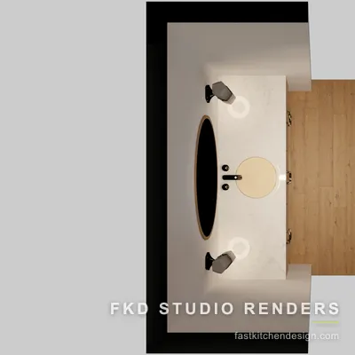 2020 Flex powder bath floor plan showing the single floating vanity, undermount sink, and wood plank flooring layout.
