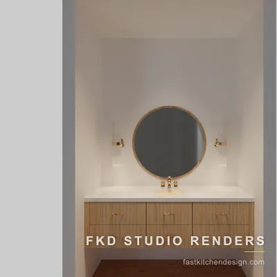 Light oak 2020 Flex powder bath seen head-on, with a round wood-framed mirror flanked by brass and glass sconces over the floating vanity.