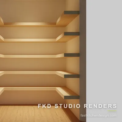 2020 Flex pantry design with five tiers of warm wood floating open shelves and dark wood end supports, designed in 2020 Flex by Fast Kitchen Design.