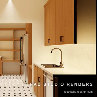 2020 Flex butler pantry design with warm oak slab cabinets, white marble counters, and open shelving, designed in 2020 Flex by Fast Kitchen Design.