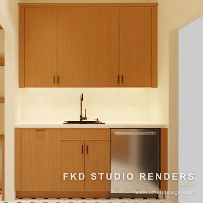Oak 2020 Flex butler pantry seen from the sink wall, with a marble backsplash, gooseneck faucet, bar sink, and stainless dishwasher.