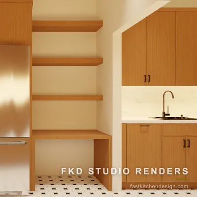 2020 Flex butler pantry view of the panel-ready French door refrigerator flanked by open oak shelving and L-shaped wood prep counter.