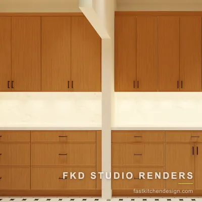 2020 Flex butler pantry elevation of the cabinet wall, with dimensioned oak slab uppers, drawer banks, black bar pulls, and a marble backsplash.
