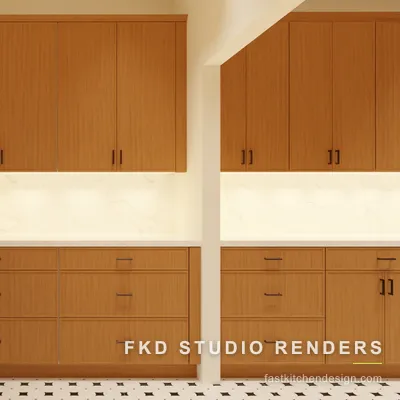 2020 Flex butler pantry elevation of the oak slab cabinetry, showing tall uppers, deep drawer stacks, and a white marble counter.