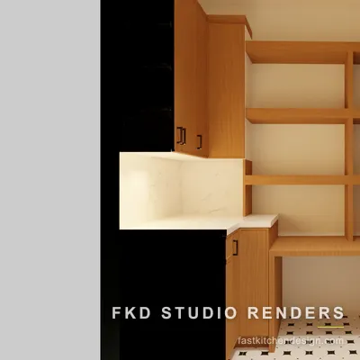 Close-up of open oak corner shelving and an L-shaped wood prep counter with a marble niche in a 2020 Flex butler pantry.