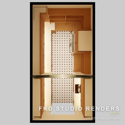 2020 Flex butler pantry floor plan showing the galley layout, oak cabinet placement, refrigerator, and mosaic tile floor.