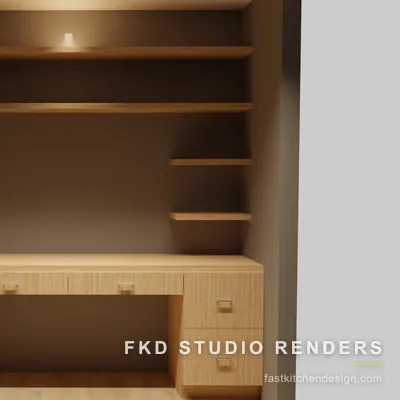 2020 Flex office design with natural oak slab-front desk cabinets, brushed nickel pulls, and floating shelves, designed in 2020 Flex by Fast Kitchen Design.