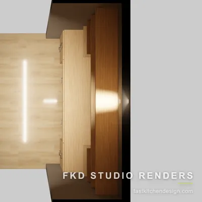 2020 Flex office floor plan showing the built-in oak desk run against the alcove wall over light wood flooring.